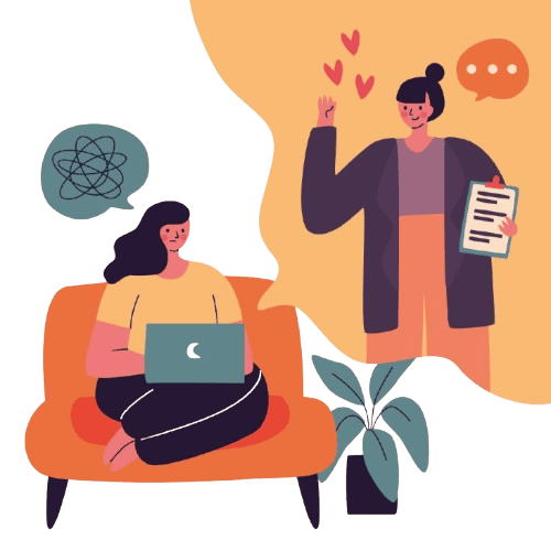 Paziente seduta a sinistra, visibilmente confusa con un computer, e nutrizionista a destra con cartella clinica, simboli di cuori e messaggio che rappresentano ascolto, empatia e comunicazione della Dott.ssa Erika Montecchiani