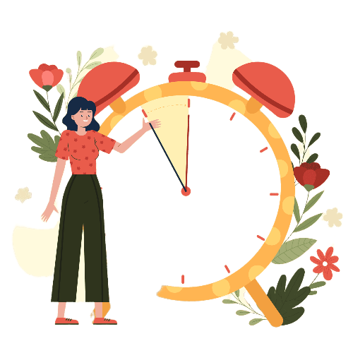 Ragazza in piedi davanti a un grande cronometro colorato decorato con fiori, simbolo di costanza e progresso nel raggiungere obiettivi personali grazie ai piani nutrizionali della Dott.ssa Erika Montecchiani